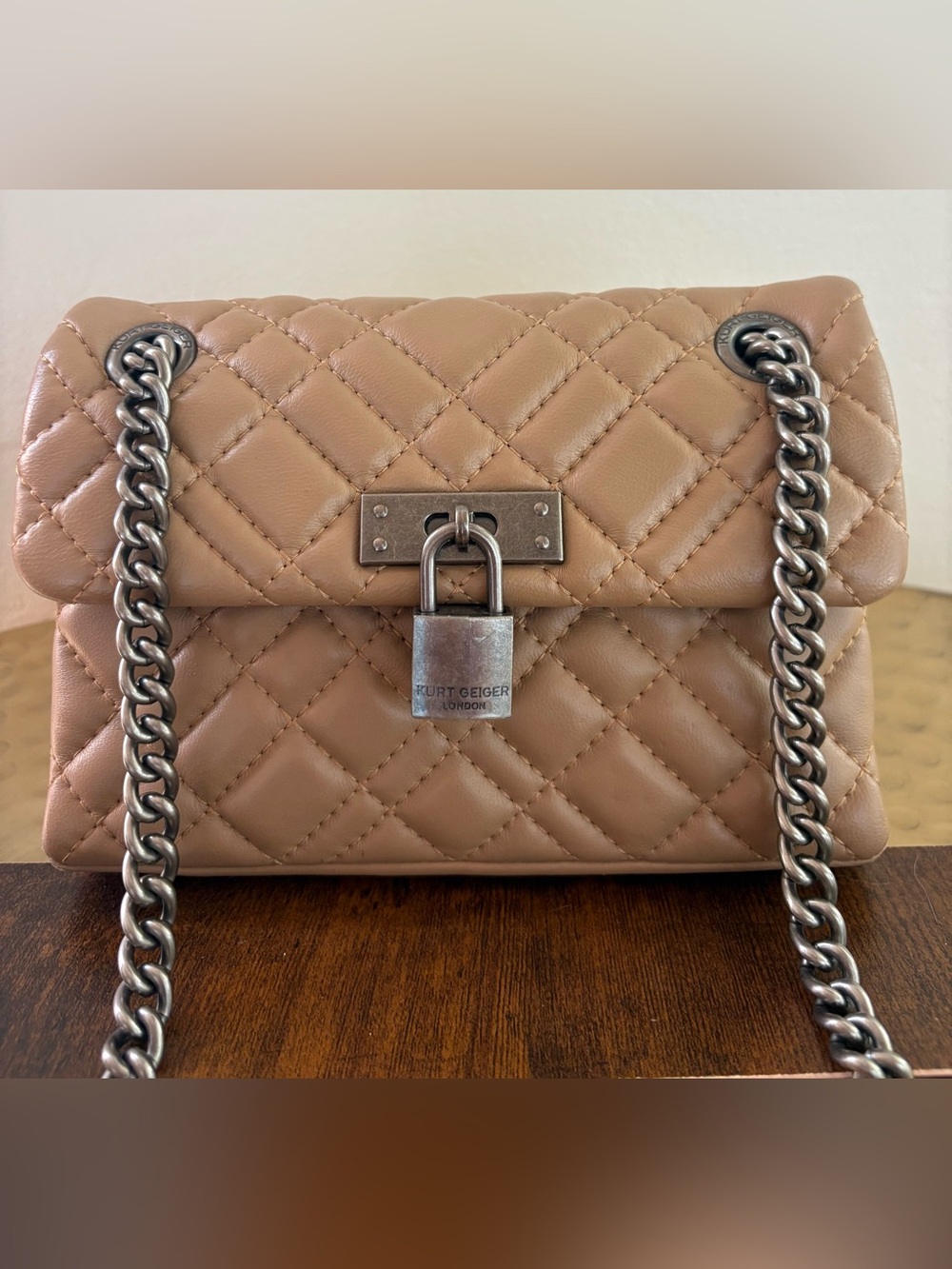 KURT GEIGER LONDON Brixton Beige Quilted Leather Crossbody Shoulder Bag Chain